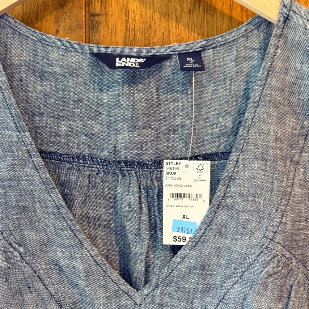 Lands End Sleeveless 100% Linen Top XL Indigo Blue V-Neck Coastal Boho NWT - Picture 2 of 7